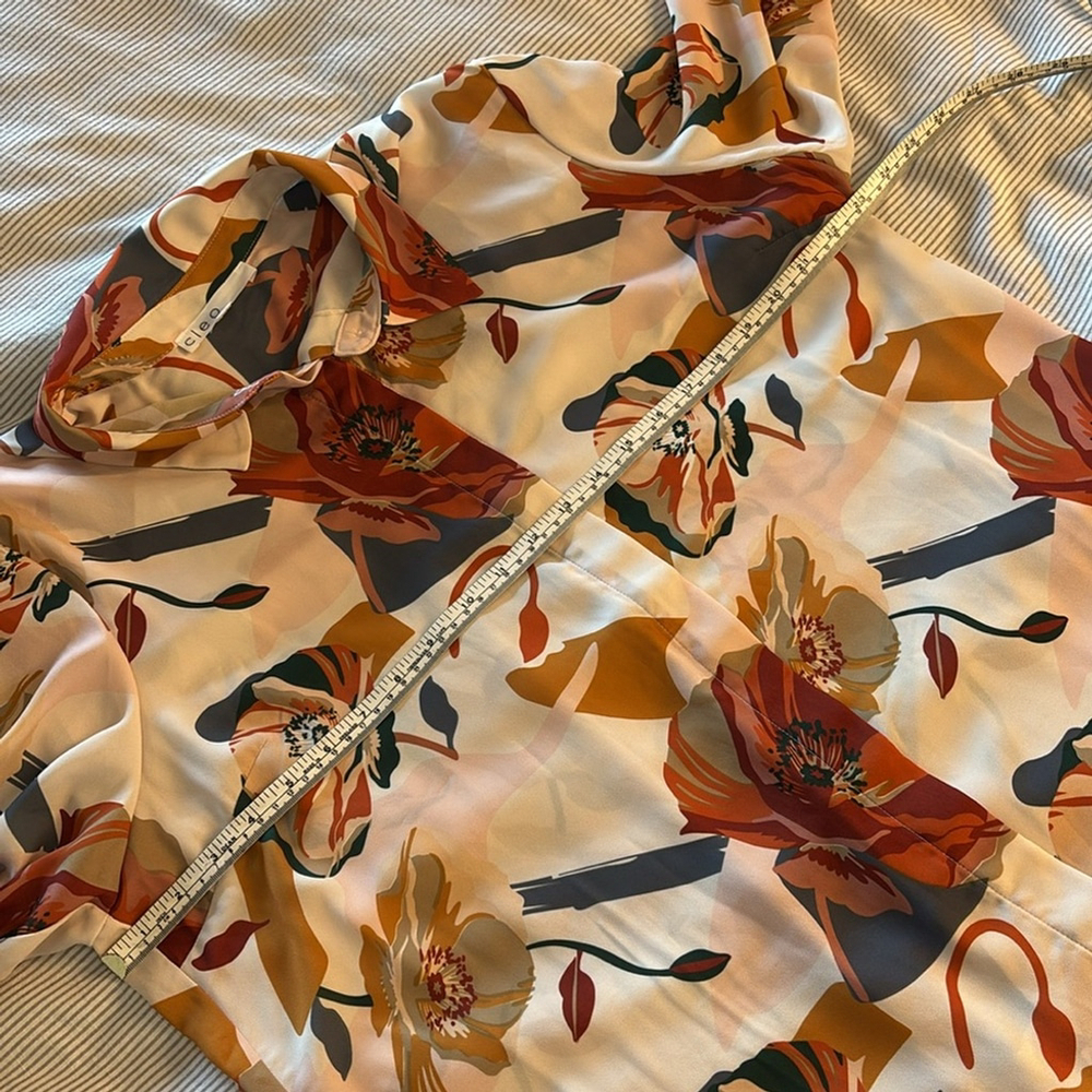 CLEO Floral Print Women's Top relaxed fit crepe blouse button up cream brown XL - Picture 11 of 14